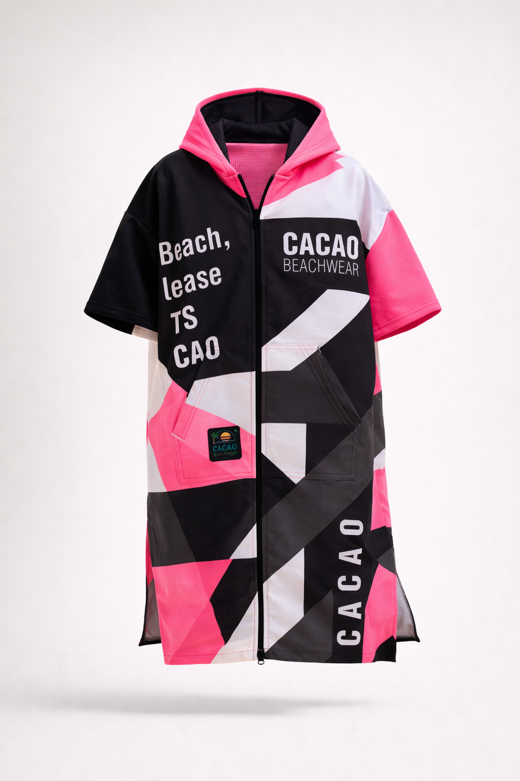Детско плажно пончо Solar Vibes Pink NanoDry Ultra™ кърпа с качулка, цип и джобове – CACAO Beachwear™