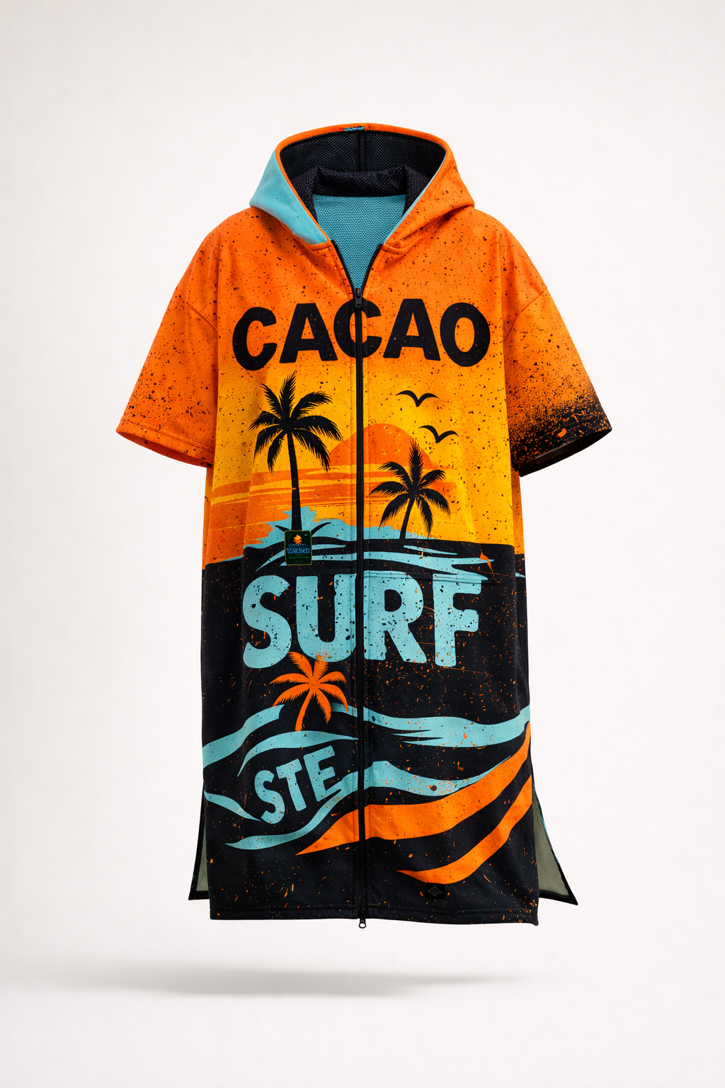 Оранжева мъжка плажна пончо кърпа с качулка, цип и джобове – CACAO Beachwear™