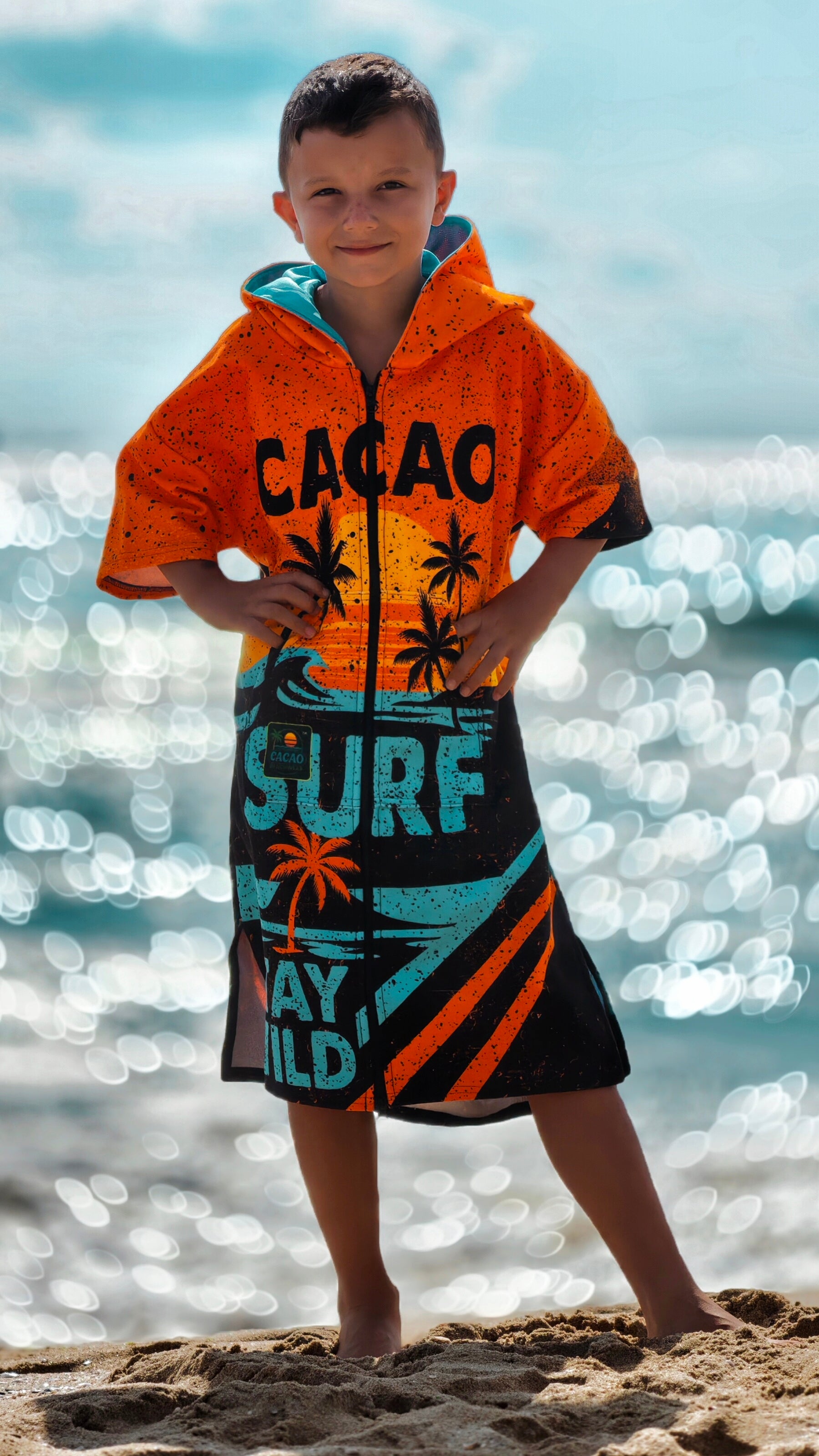Детска плажна хавлия-пончо в оранжево с качулка, цип и джобове – CACAO Beachwear™