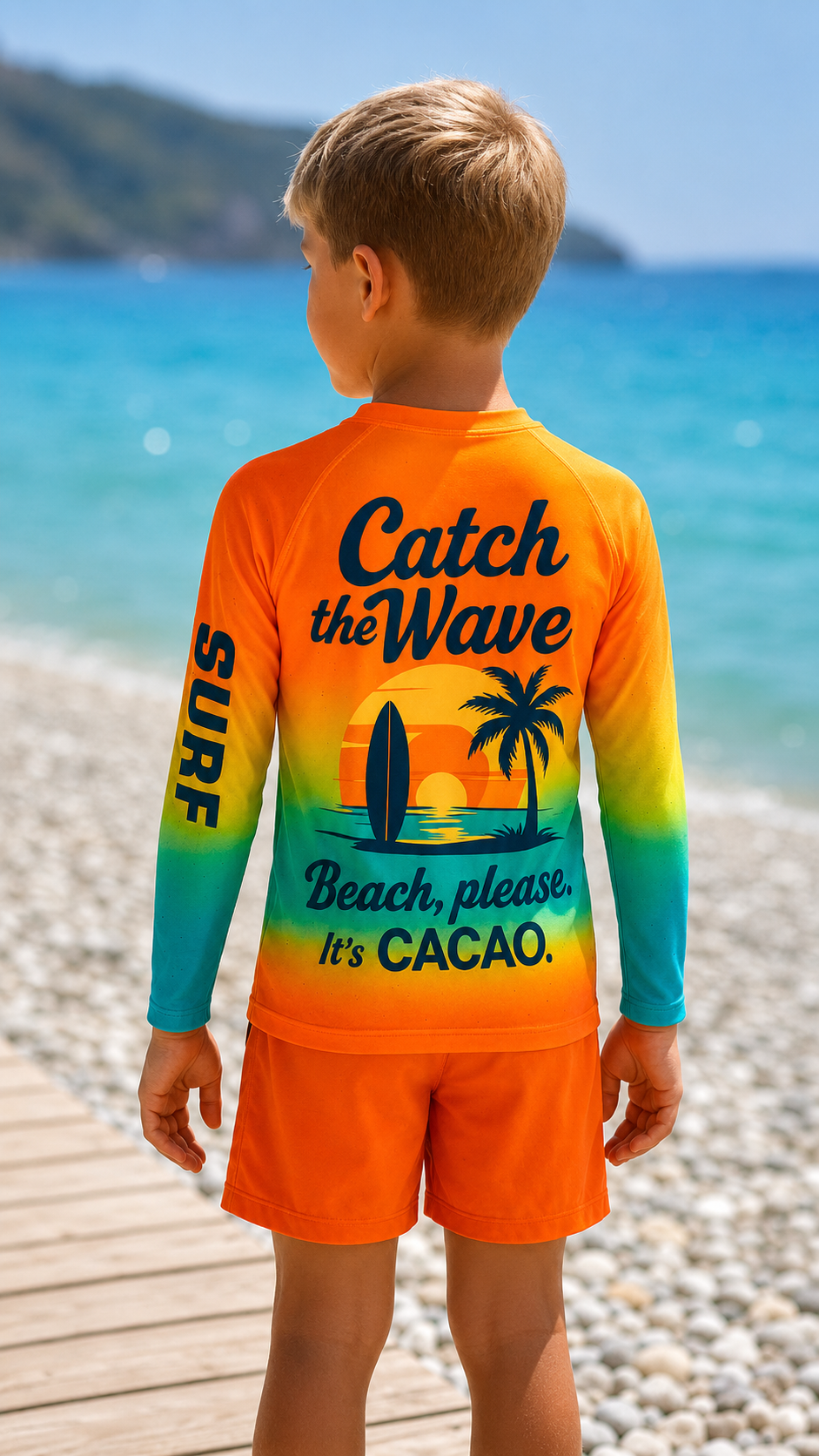 Camisola de proteção UV infantil Sunset Sense – CACAO Beachwear™️ com proteção UV
