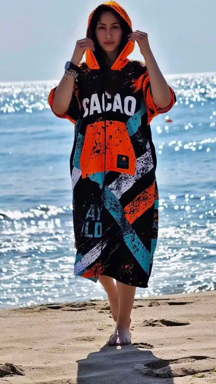 Blue Spirit women’s beach poncho towel with hood, zipper and pockets – CACAO Beachwear™